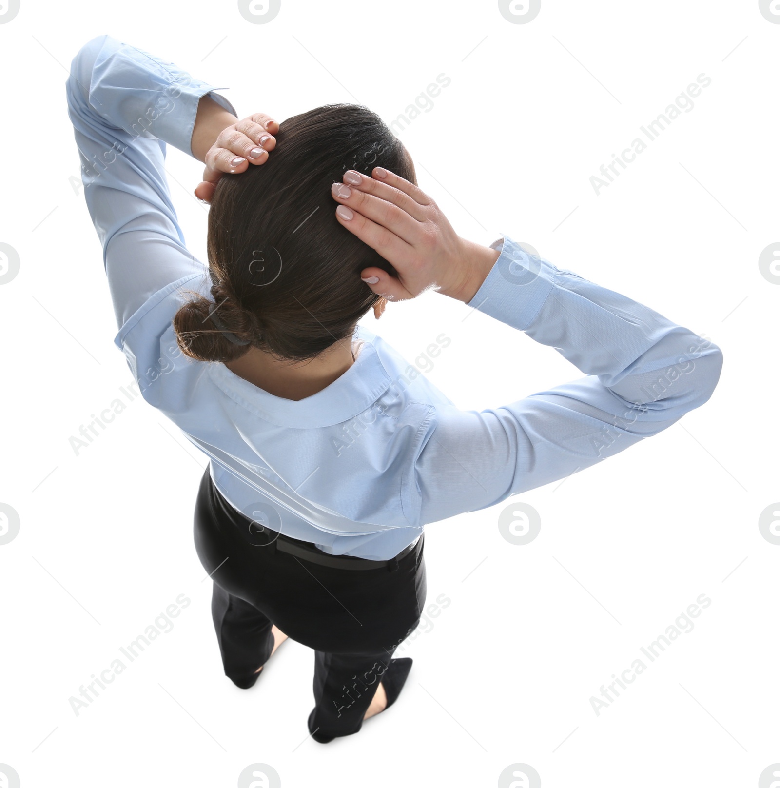 Photo of Young businesswoman in elegant suit on white background, back view