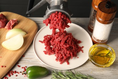 Photo of Metal meat grinder with minced beef and spices on light wooden table