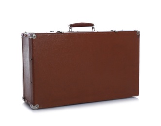 Photo of Classic brown suitcase on white background