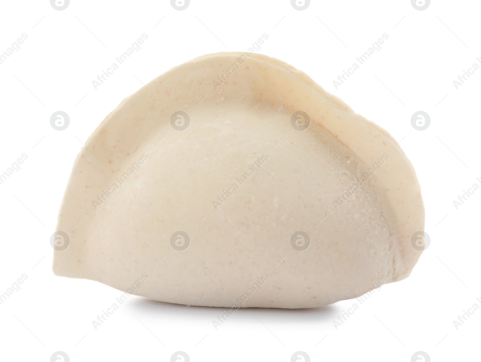 Photo of Raw dumpling with tasty filling on white background