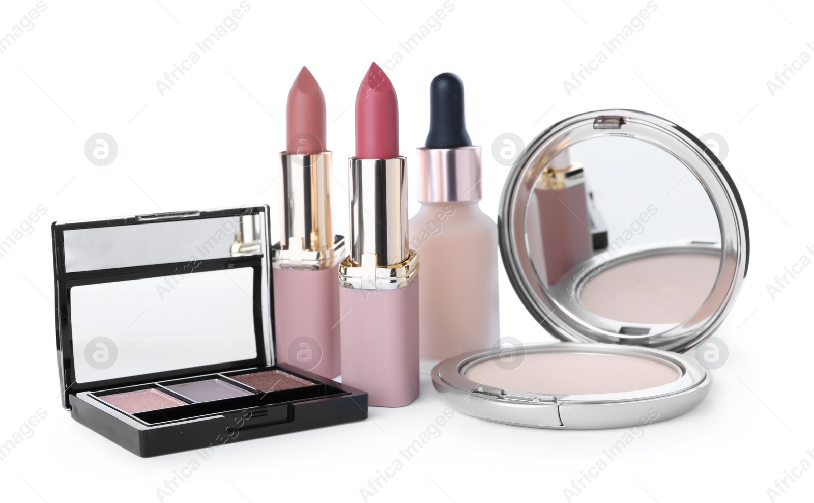 Photo of Different luxury cosmetic products on white background