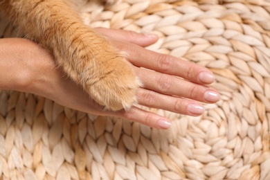Woman and cat holding hands together on wicker pouf, top view
