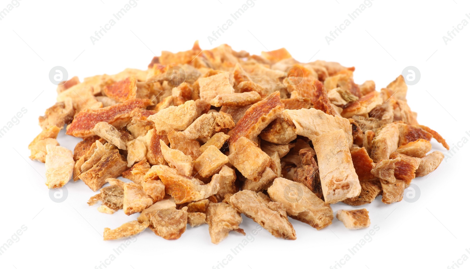 Photo of Pile of dried orange zest seasoning isolated on white