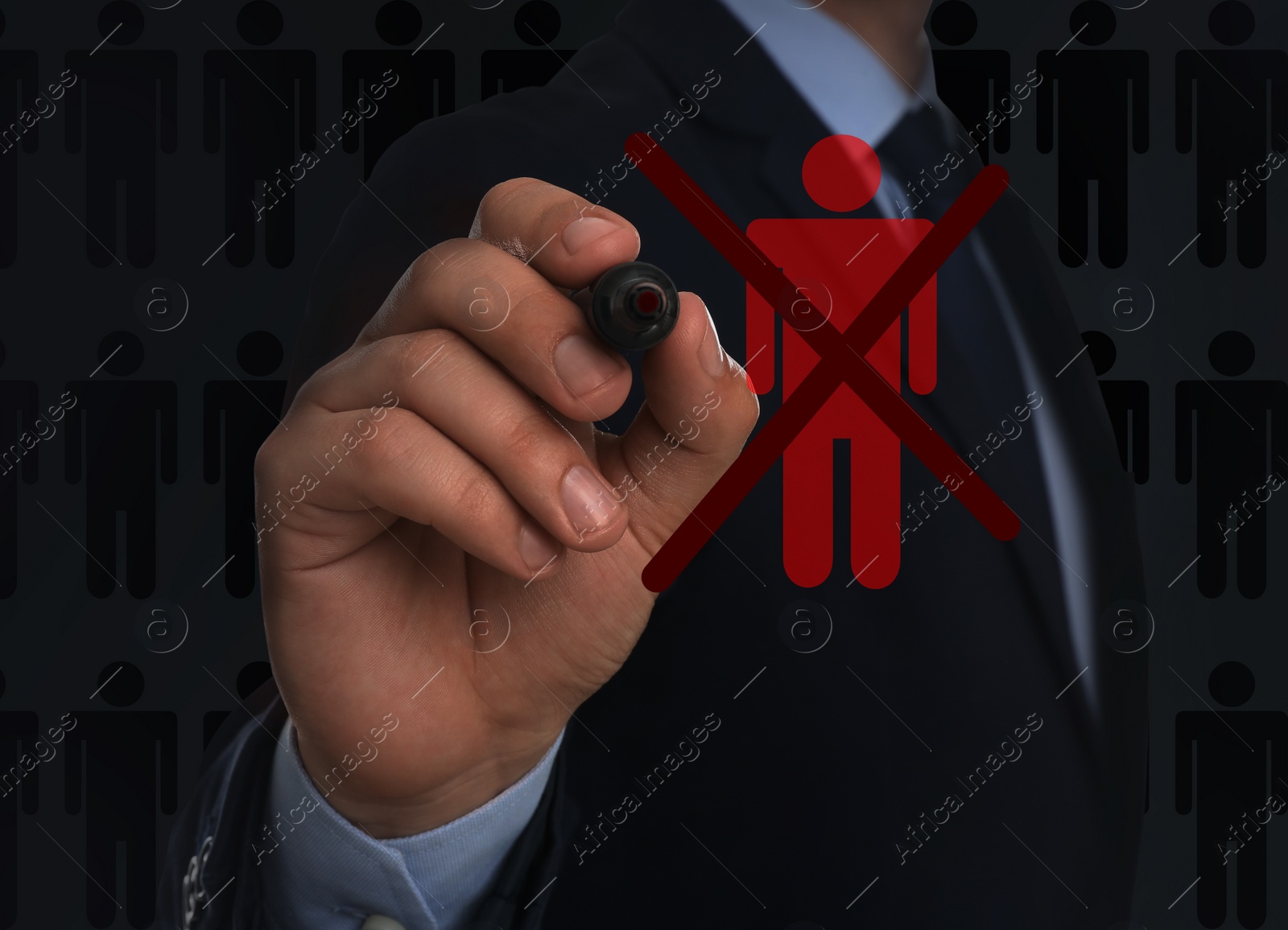 Image of Deciding whether to dismiss employee. Man with marker near virtual screen, closeup