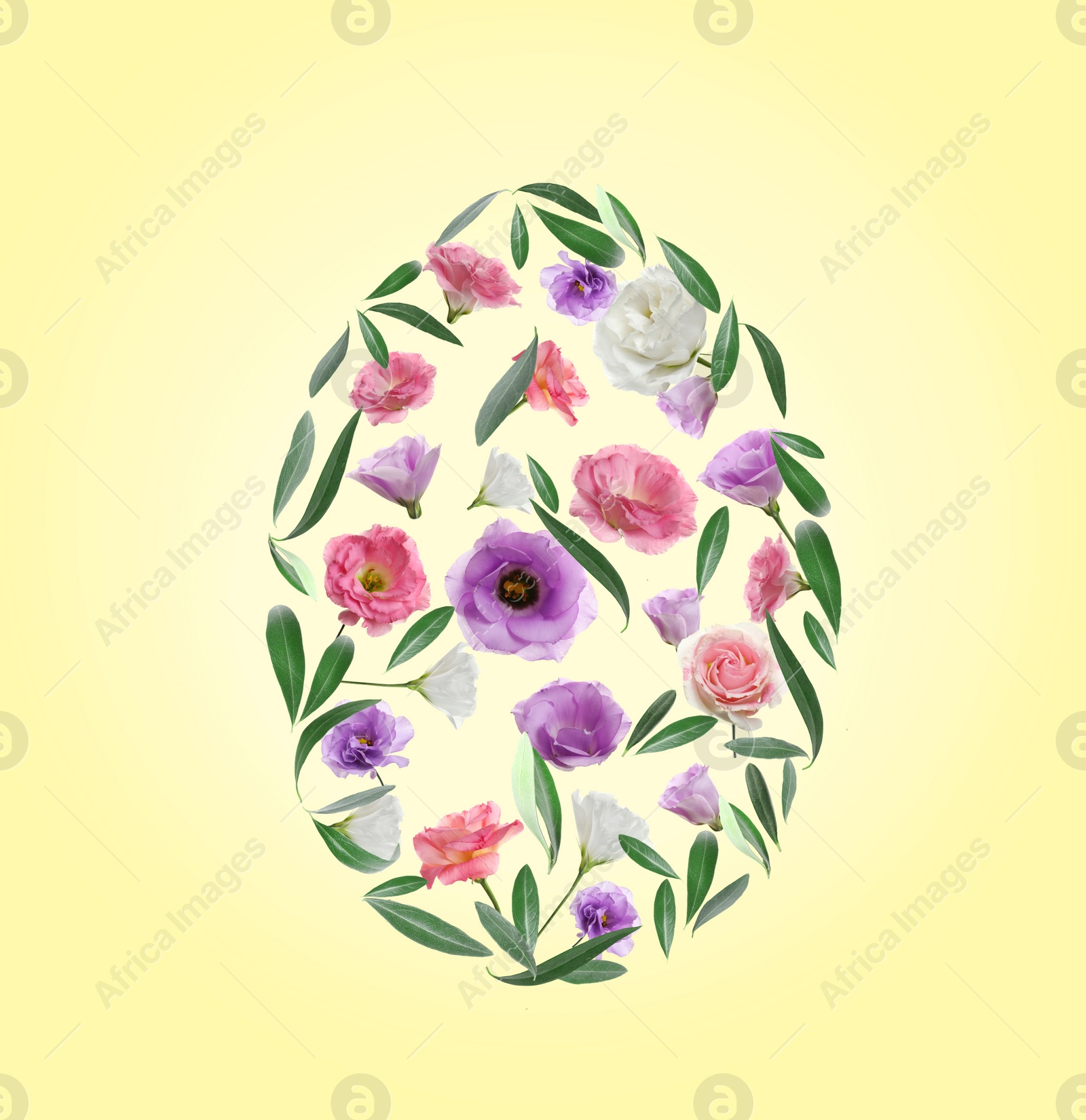 Image of Easter egg shape made of flowers and leaves on yellow background, flat lay 