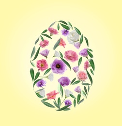 Easter egg shape made of flowers and leaves on yellow background, flat lay 