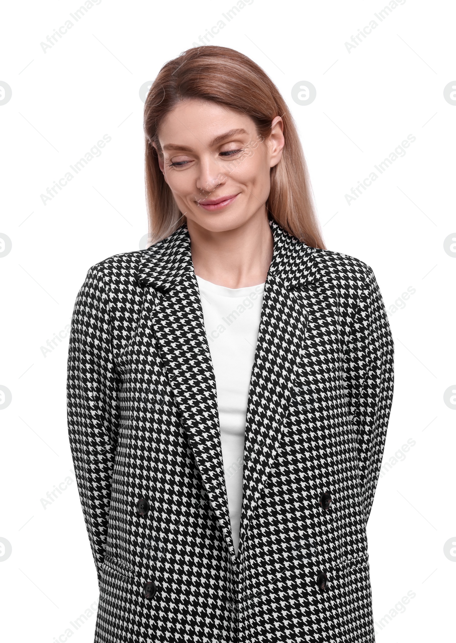 Photo of Beautiful happy businesswoman in suit on white background