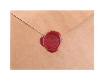 Photo of Envelope with wax seal isolated on white, top view