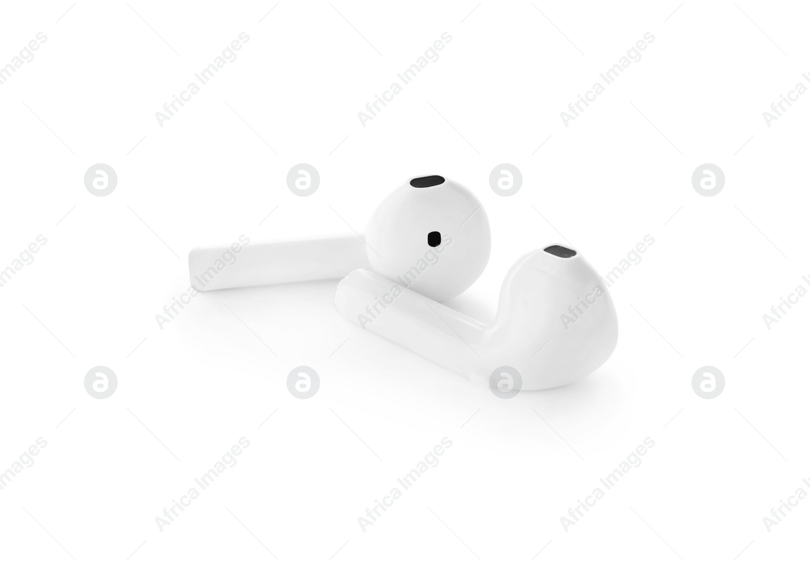 Photo of Pair of modern wireless earphones on white background