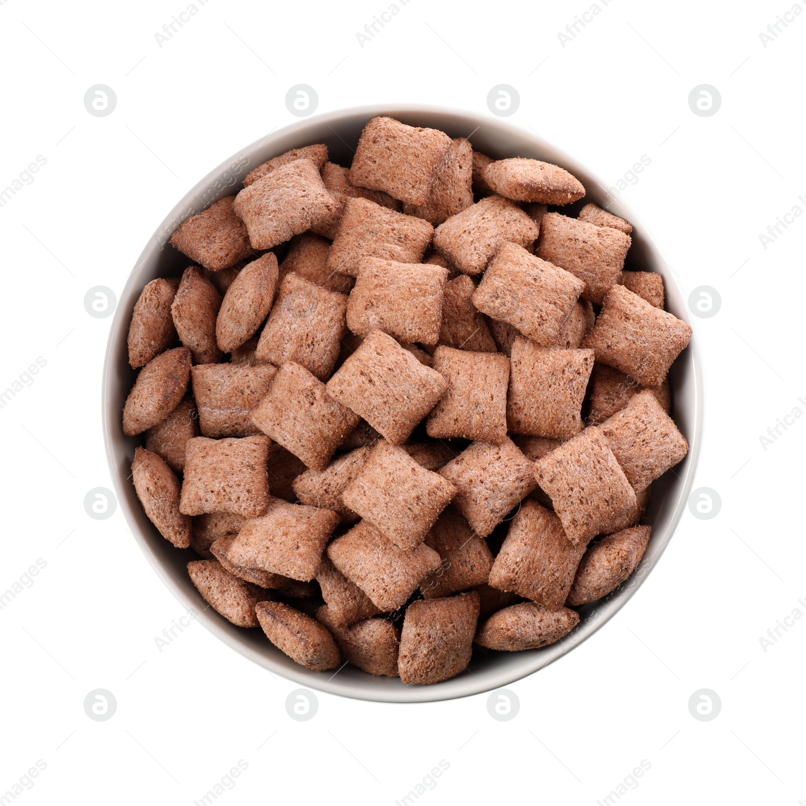 Photo of Sweet crispy corn pads in bowl isolated on white, top view