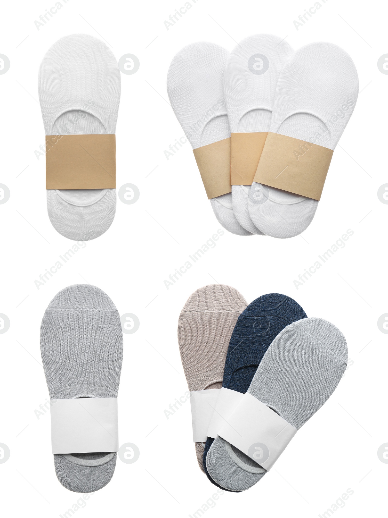 Image of Pairs of cotton socks with blank labels on white background, collage 