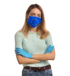 Woman wearing medical mask with European Union flag on white background. Coronavirus outbreak in Europe