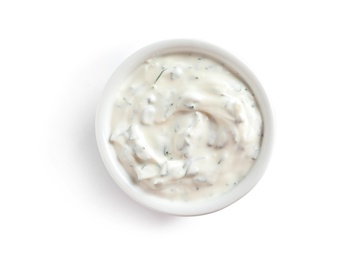 Photo of Delicious tartar sauce in bowl on white background, top view