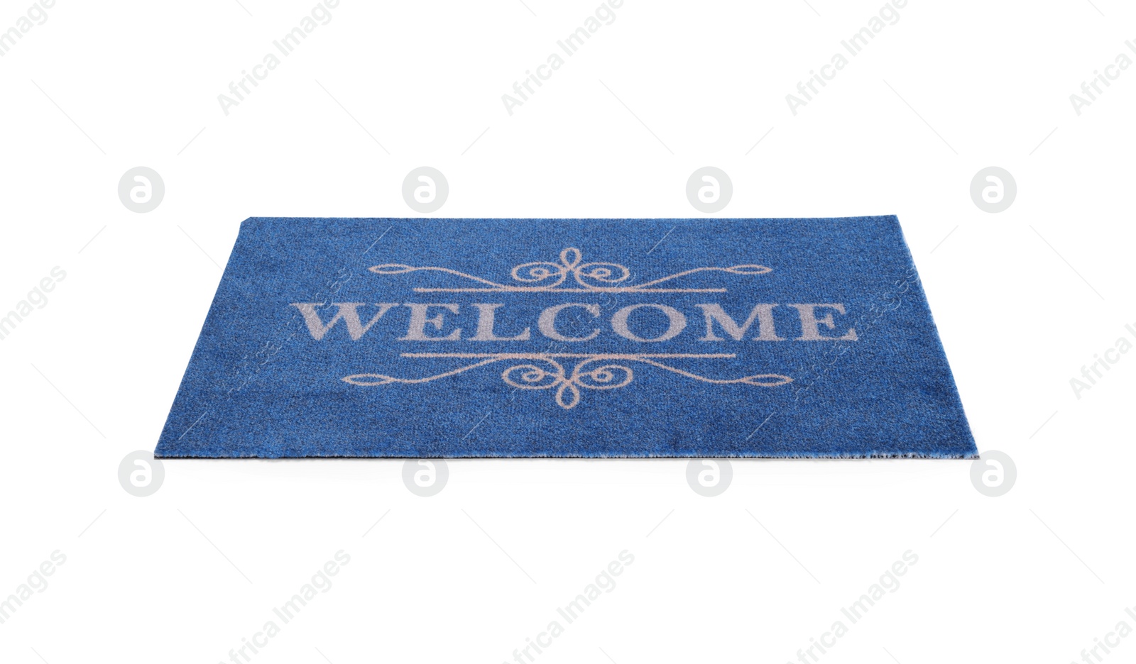 Photo of Blue doormat with word Welcome isolated on white