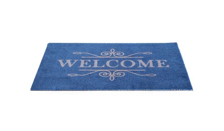 Photo of Blue doormat with word Welcome isolated on white