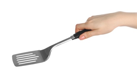 Photo of Woman with metal spatula on white background, closeup