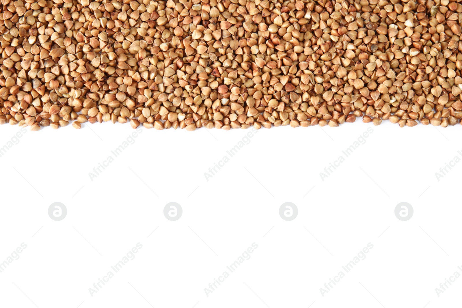 Photo of Uncooked buckwheat on white background, top view