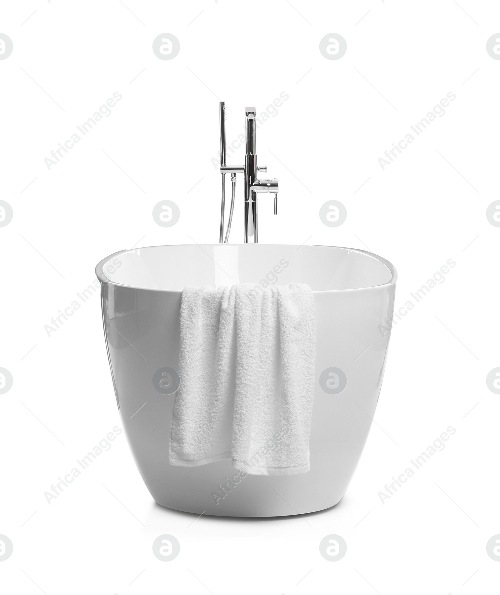 Photo of Modern clean ceramic bathtub isolated on white