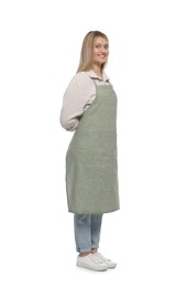 Photo of Beautiful young woman in clean apron on white background