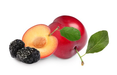 Image of Delicious fresh ripe plums and sweet dried prunes on white background 