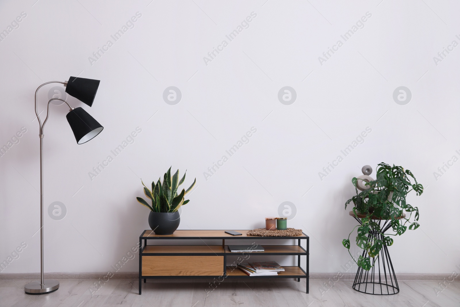 Photo of Elegant room interior with wooden cabinet, lamp and beautiful houseplants near white wall