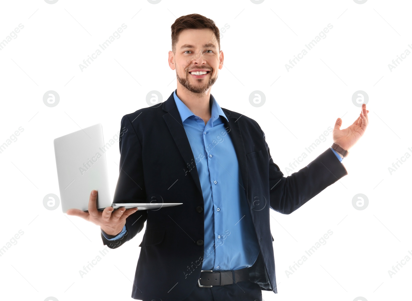 Photo of Portrait of male teacher with laptop on white background