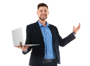 Portrait of male teacher with laptop on white background