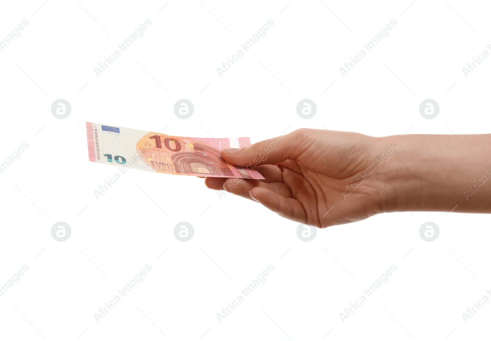 Photo of Woman with euro banknote on white background, closeup. Money and finance