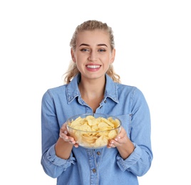 Photo of Woman with bowl of potato chips on white background