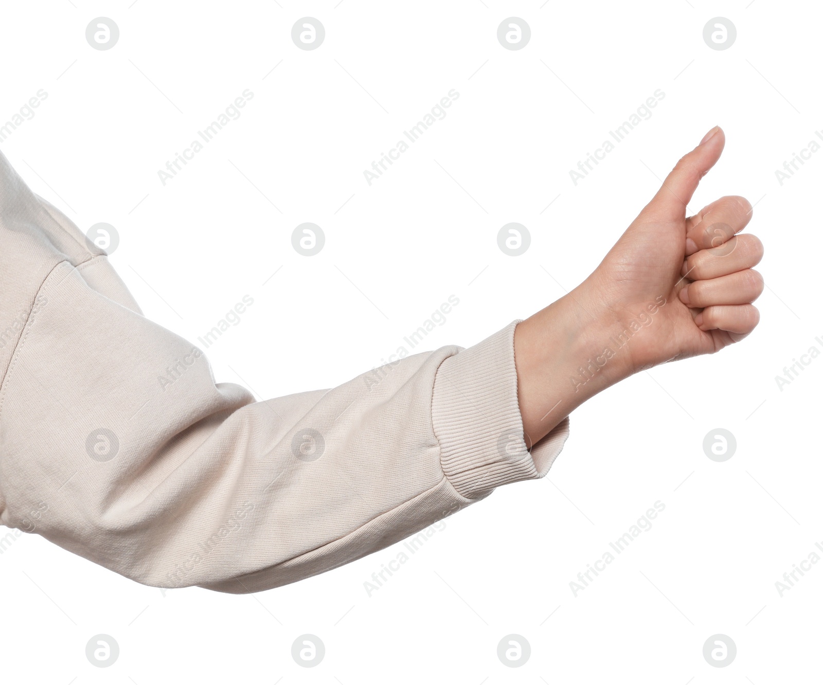 Photo of Woman hitchhiking on white background, closeup view