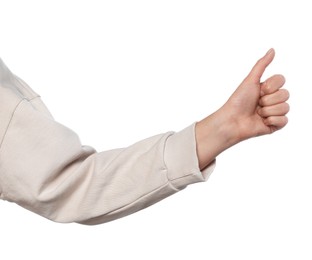 Woman hitchhiking on white background, closeup view