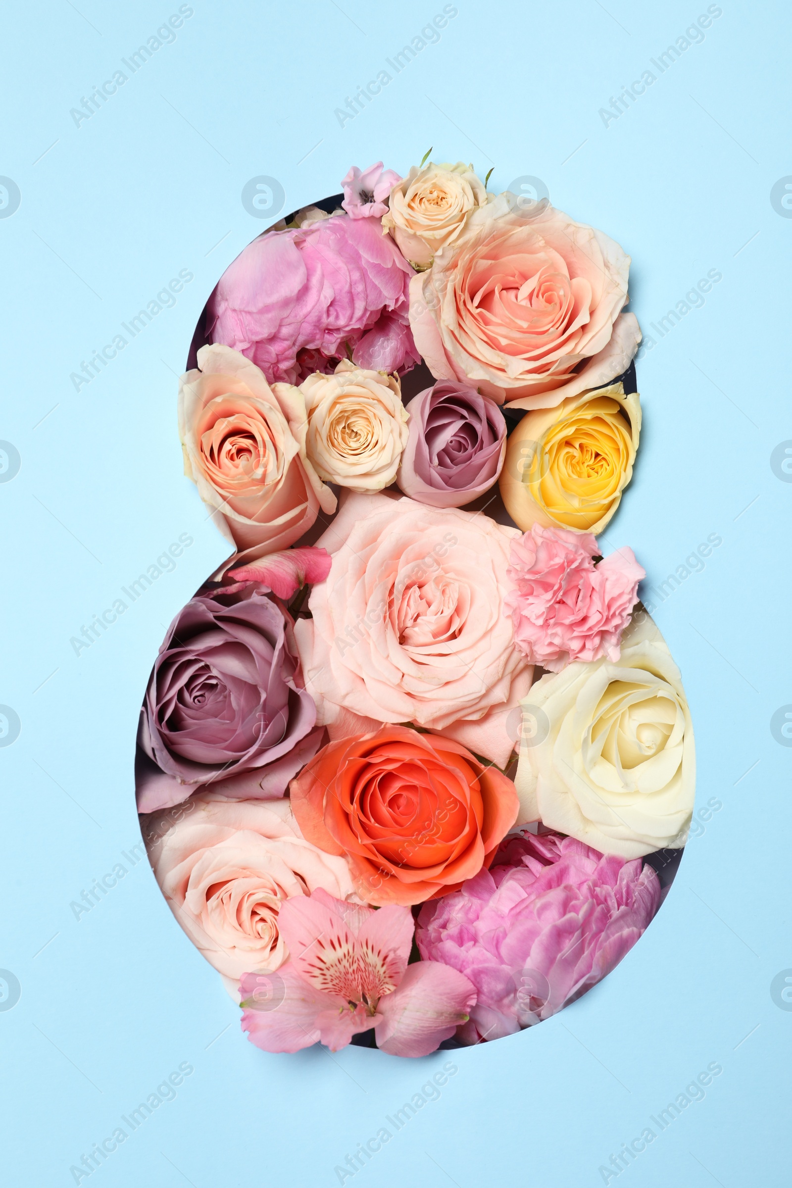 Photo of 8 March greeting card design with flowers, top view. Happy International Women's Day