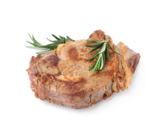 Delicious fried meat with rosemary on white background