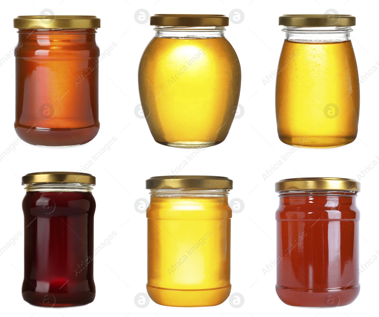 Image of Set of different jars with organic honey on white background