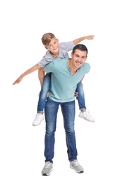Photo of Father with child on white background. Happy family
