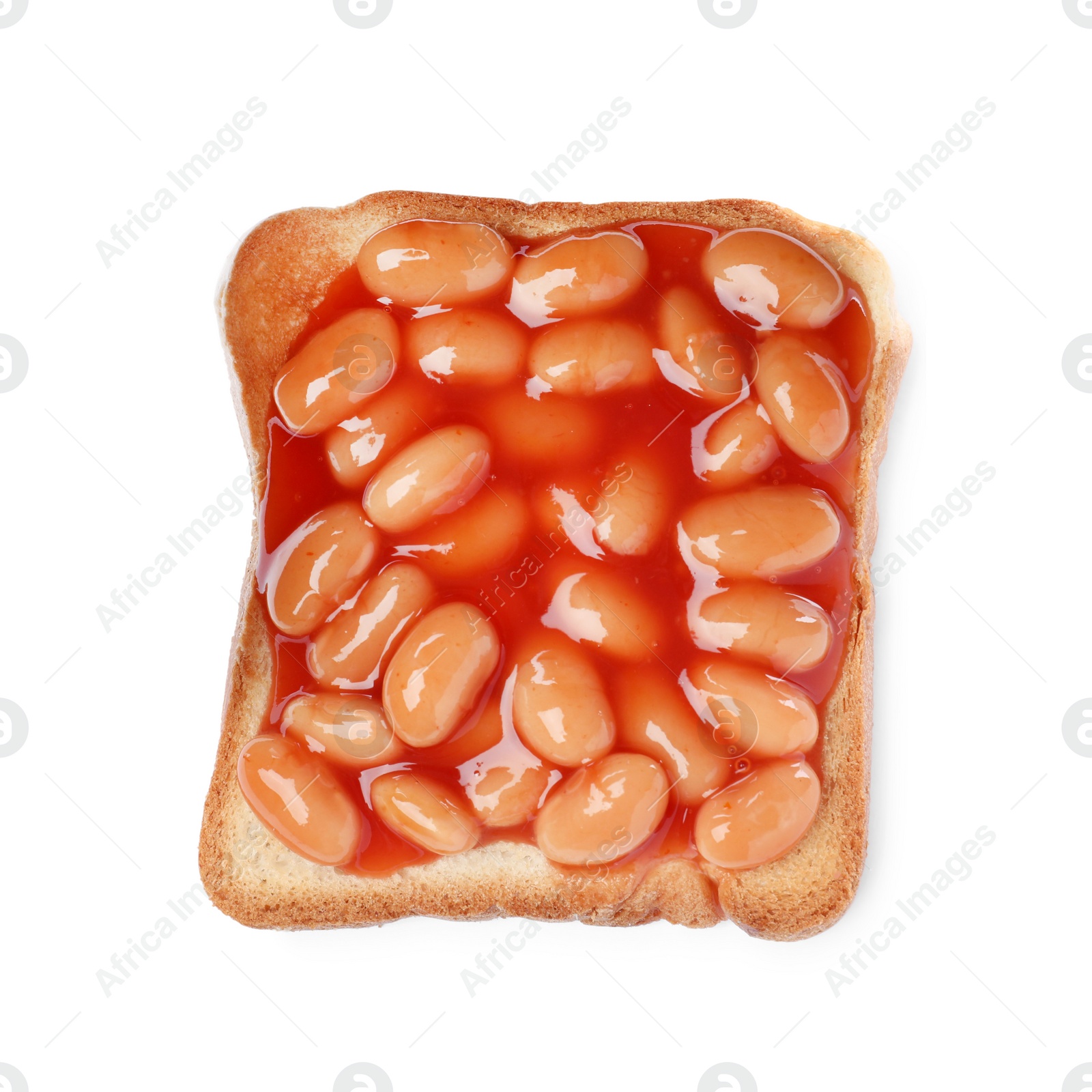 Photo of Delicious bread slice with baked beans isolated on white, top view