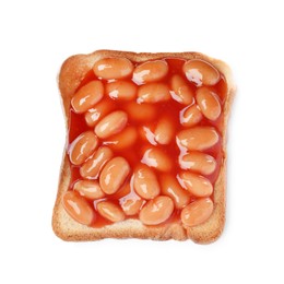 Photo of Delicious bread slice with baked beans isolated on white, top view