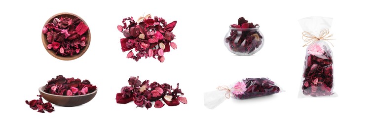 Image of Set of scented sachets and bowls with potpourri on white background. Banner design