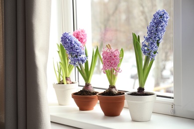 Photo of Beautiful hyacinth flowers in pots on window sill indoors