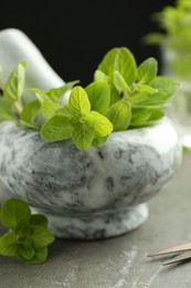 Photo of Mortar with sprigs of fresh green oregano on gray table, closeup