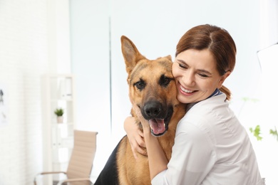 Photo of Professional veterinarian hugging German Shepherd dog in clinic
