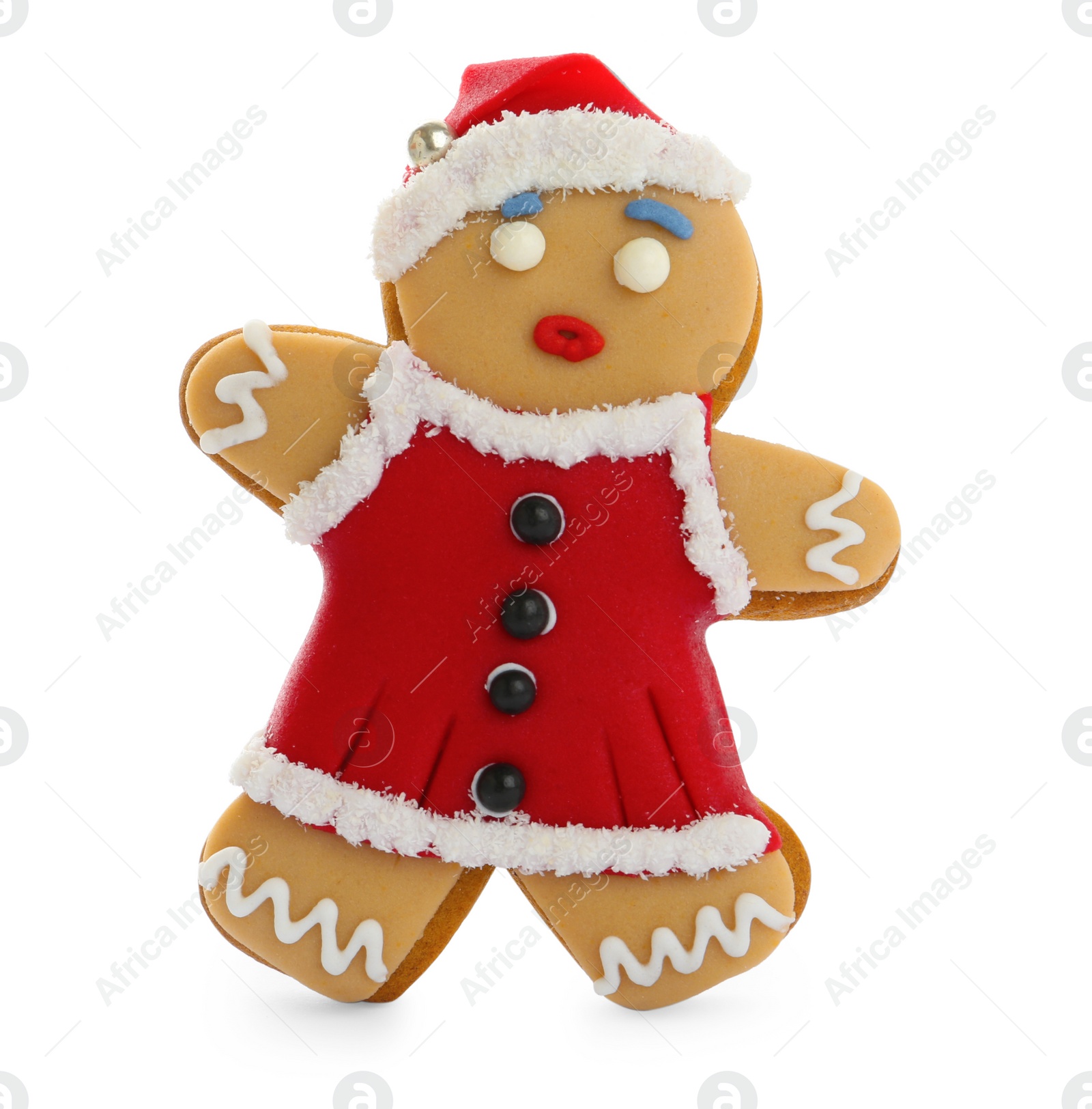 Photo of Gingerbread woman isolated on white. Delicious Christmas cookie