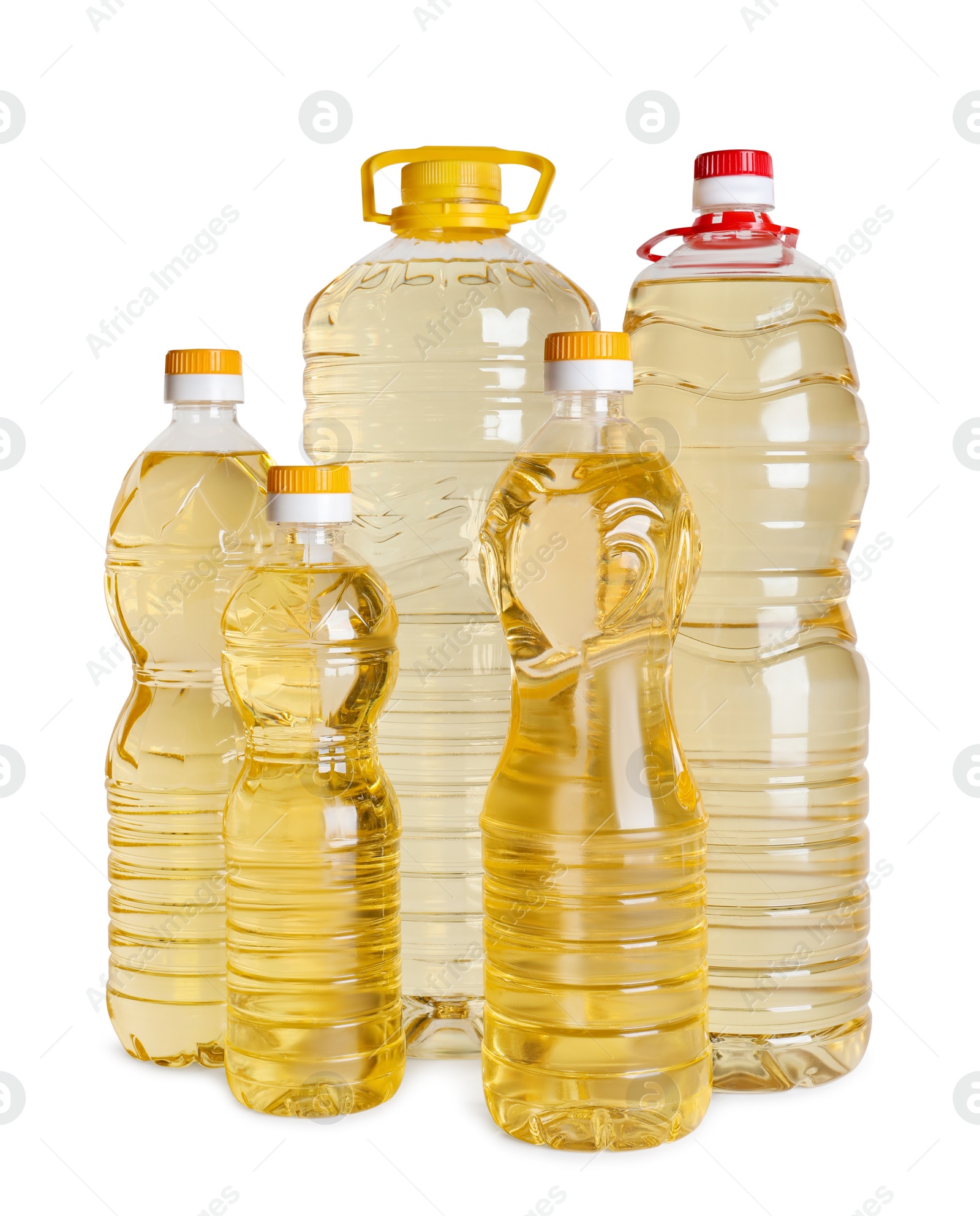 Photo of Bottles of cooking oil on white background