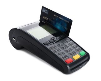 Photo of Modern payment terminal with credit card on white background. Space for text