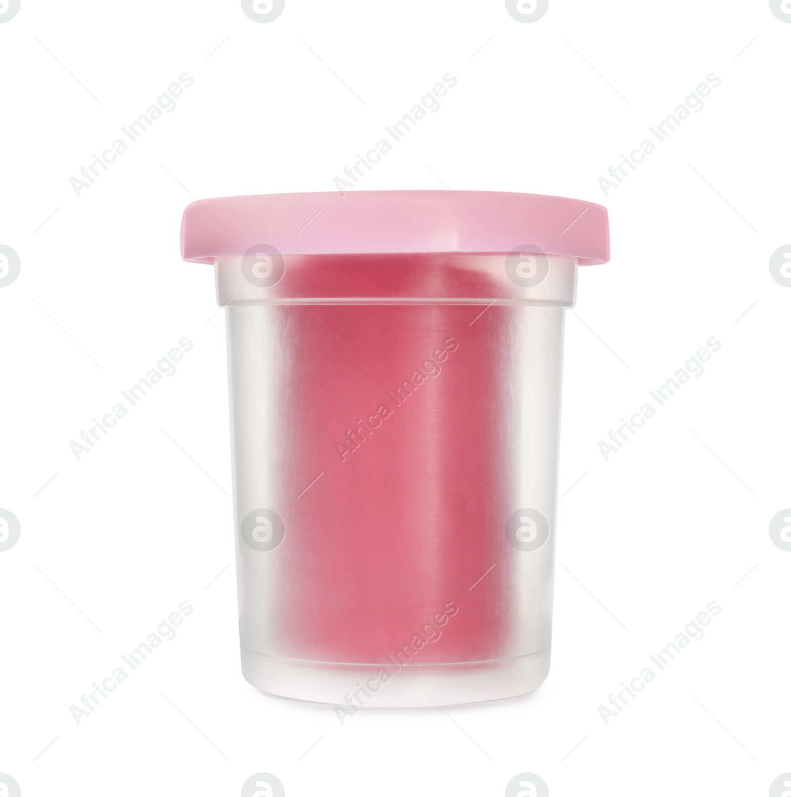 Photo of Plastic container of pink play dough isolated on white