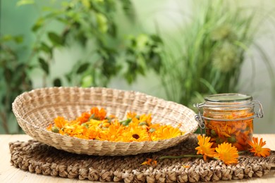 Many beautiful fresh calendula flowers on table against blurred green background, space for text