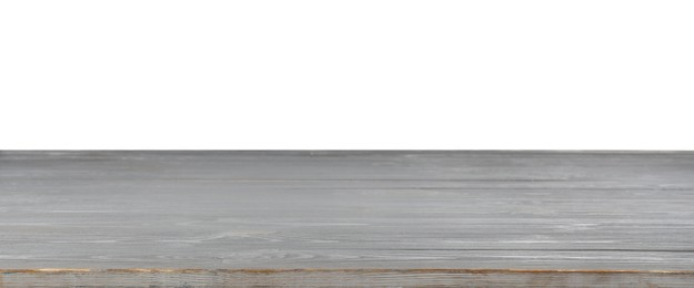 Photo of Empty grey wooden surface isolated on white