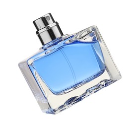 Photo of Blue men's perfume in bottle isolated on white