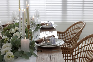 Festive table setting with beautiful tableware and decor indoors