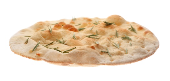 Photo of Traditional Italian focaccia bread with rosemary isolated on white